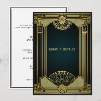 Convites Art Deco Sofisticado Dourado, Preto & Verde Sage