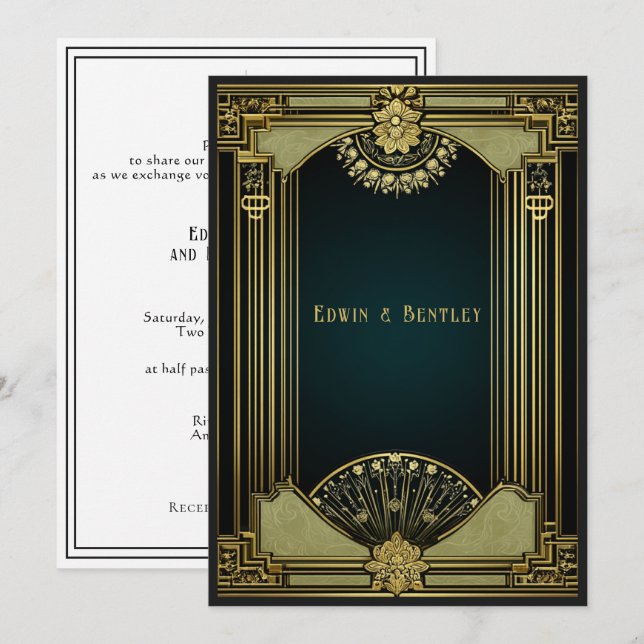 Convites Art Deco Sofisticado Dourado, Preto & Verde Sage  (Frente/Verso)