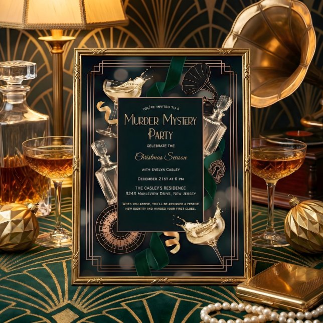 Convites Art Deco Speakeasy Murder Mystery Christmas Party (Speakeasy Murder Mystery Christmas Party – Art Deco Black & Gold, Champagne, Personalized)