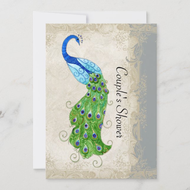 Convites Art Deco Style Peacock Cinza Vintage Lace (Frente)