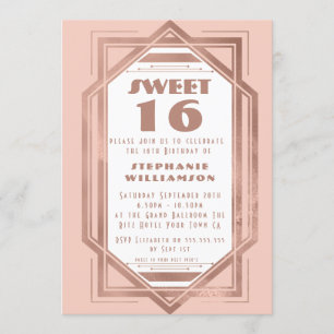 Convites Art Déco Sweet 16 Rosa Dourado e Rosa Bege Gatsby