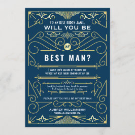 Convites Art Deco Você Será Meu Padrinho Bodas Dourado Azul