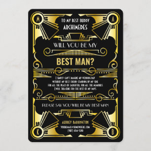 Convites Art Deco Você Será Meu Padrinho Dourado & Preto