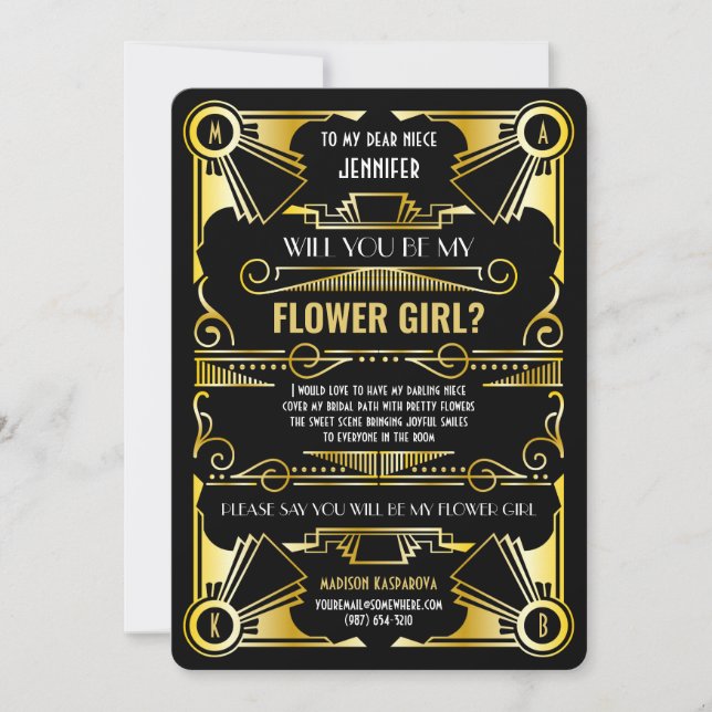 Convites Art Deco Você Será Minha Dama de Flores Dourado &  (Frente)