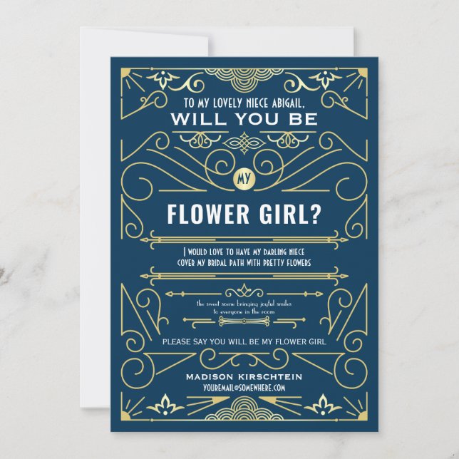 Convites Art Deco Você Será Minha Dama de Flores Dourado Az (Frente)