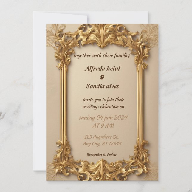 Convites Art Deco Wedding Diamond Biege Gold Foil (Frente)