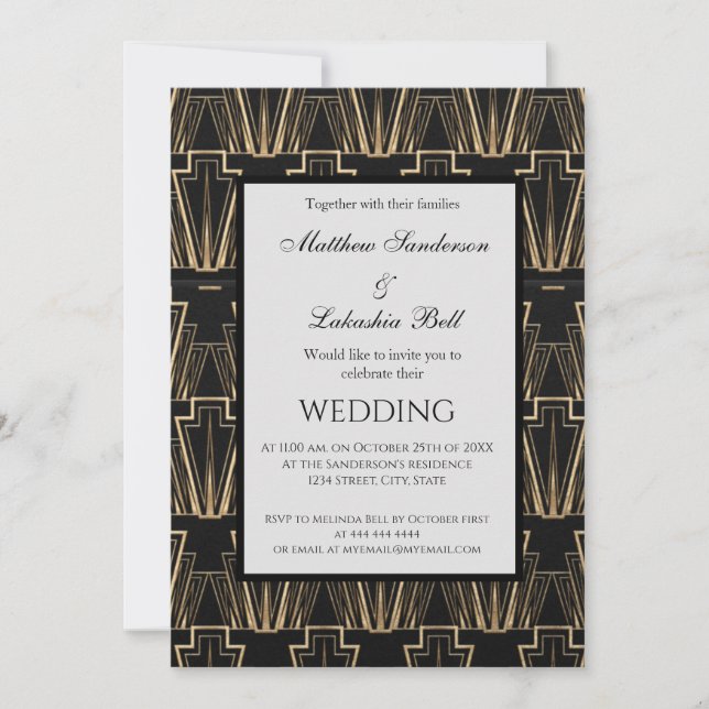 Convites Art Deco Wedding Elegante Moderno Dourado (Frente)