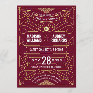 Convites Art Deco Wedding Gatsby Elegante Dourada Burgundy