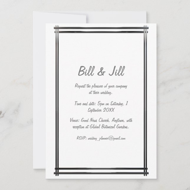 Convites Art Deco White com Casamento de Borda Negra (Frente)