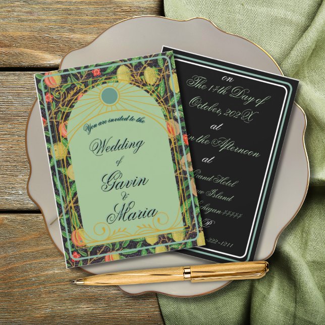 Convites Art Deco William Morris Floral Dourada Fruta de To (Criador carregado)