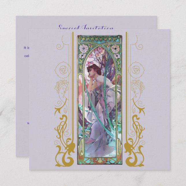 Convites Art Nouveau Alphonse Mucha para qualquer ocasião (Frente/Verso)
