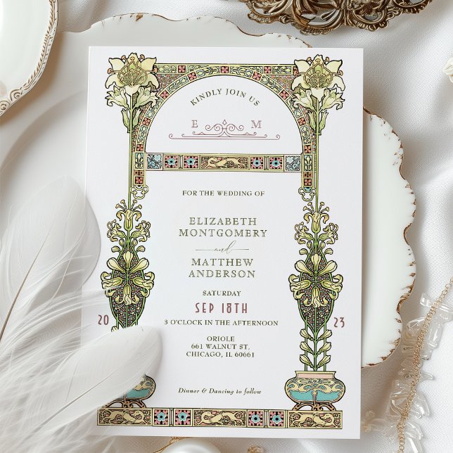 Convites Art Nouveau Casamento Dourado Arca Pastel (Criador carregado)