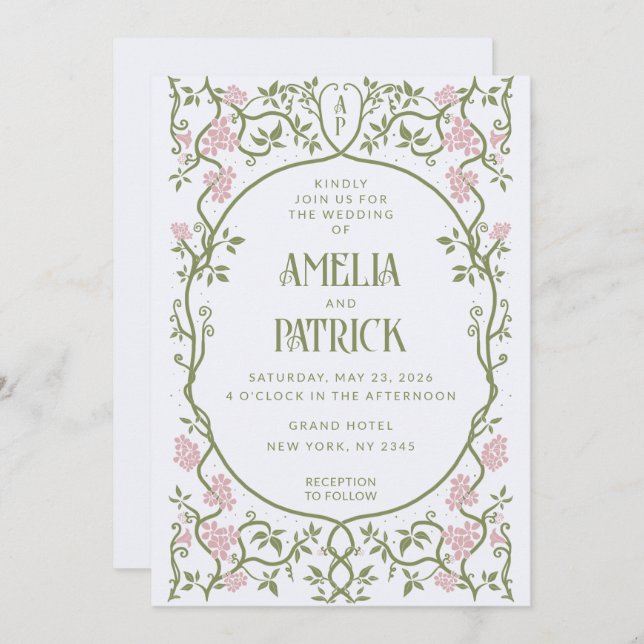 Convites Art Nouveau Casamento Floral Verde e Rosa (Frente/Verso)