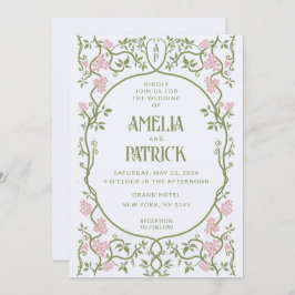 Convites Art Nouveau Casamento Floral Verde e Rosa
