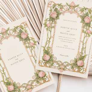Convites Art Nouveau Casamento Rosas Rosa e Verde