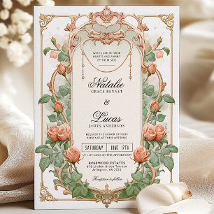Convites Art Nouveau Coral Floral e Dourado Casamento