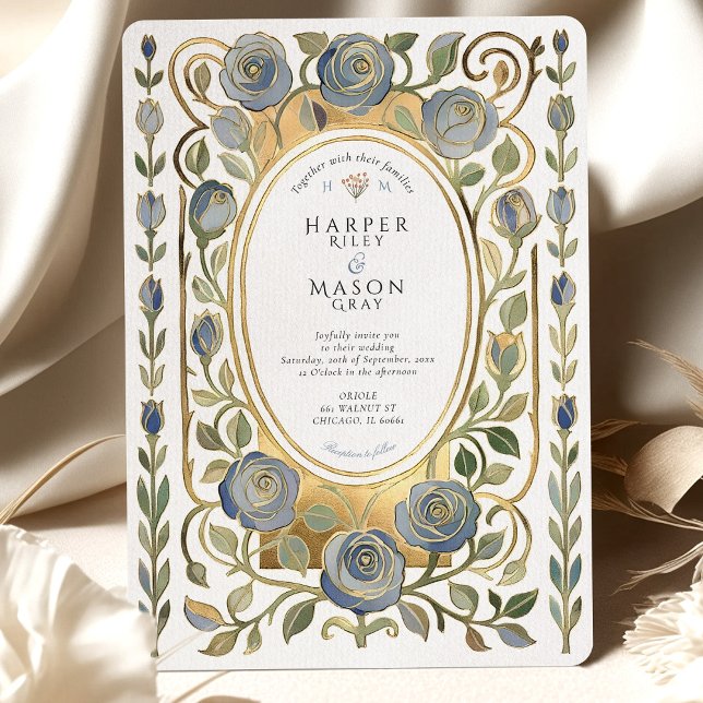 Convites Art Nouveau Dusty Blue & Gold Roses Wedding (Criador carregado)