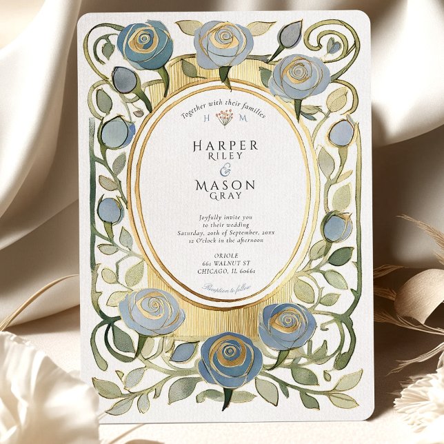 Convites Art Nouveau Dusty Blue & Gold Roses Wedding (Criador carregado)