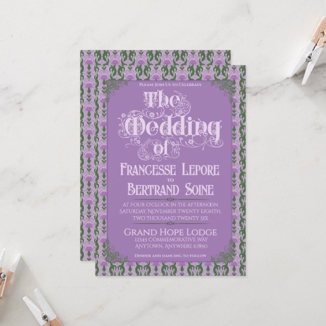 Convites Art Nouveau Elegant Thistle Royal Lavender (Frente/Verso In Situ)