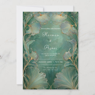 Convites Art Nouveau Esmeralda Verde Ouro Folha de Ginkgo C