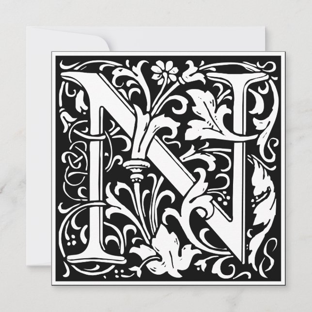 Convites Art Nouveau Floral Alphabet Monograma - Letra N (Frente)
