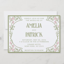 Convites Art Nouveau Floral Casamento Verde e Rosa