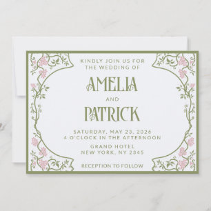 Convites Art Nouveau Floral Casamento Verde e Rosa