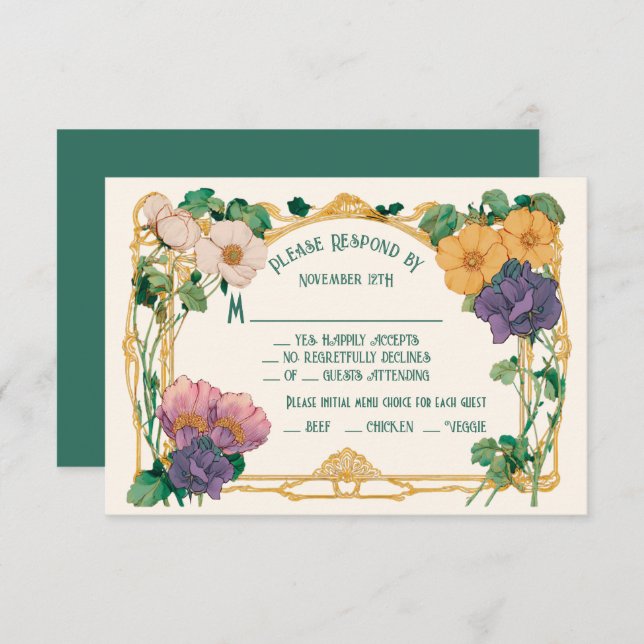 Convites Art Nouveau Floral Wedding RSVP response card (Frente/Verso)