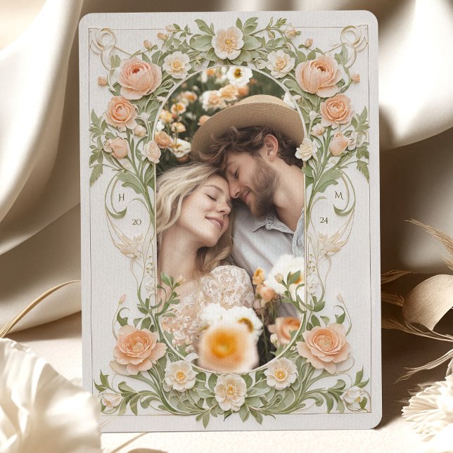 Convites Art Nouveau Foto Casamento Peach Ranunculus (Criador carregado)