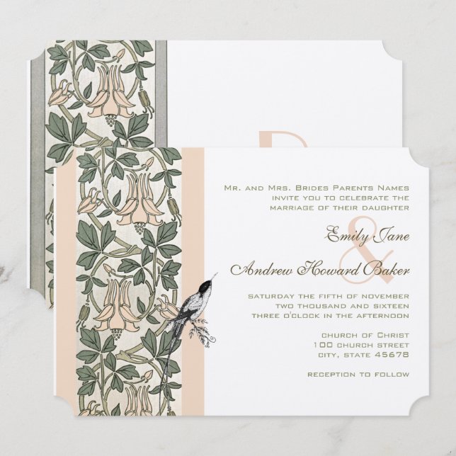 Convites Art Nouveau HoneySuckle Hummingbird Wedding (Frente/Verso)