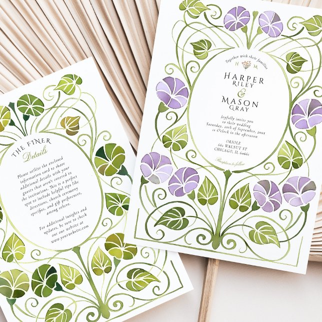Convites Art Nouveau Lavanda Greenery Foliage Casamento (Criador carregado)