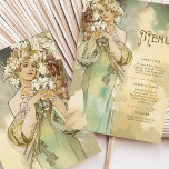 Convites Art Nouveau Lily Wedding Menu Card Soft Pastel<br><div class="desc">Elevem sua decoração de casamento com este lindo cartão de cardápio inspirado em Art Nouveau, com um motivo lírio etéreo. Esta design dupla face apresenta uma ilustração delicada e romântica de uma mulher adornada de lírios, simbolizando pureza e elegância. A paleta pastel, misturando verduras suaves, cremes e tons de terra...</div>