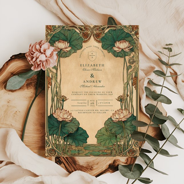 Convites Art Nouveau Lotus Floral Wedding (Criador carregado)