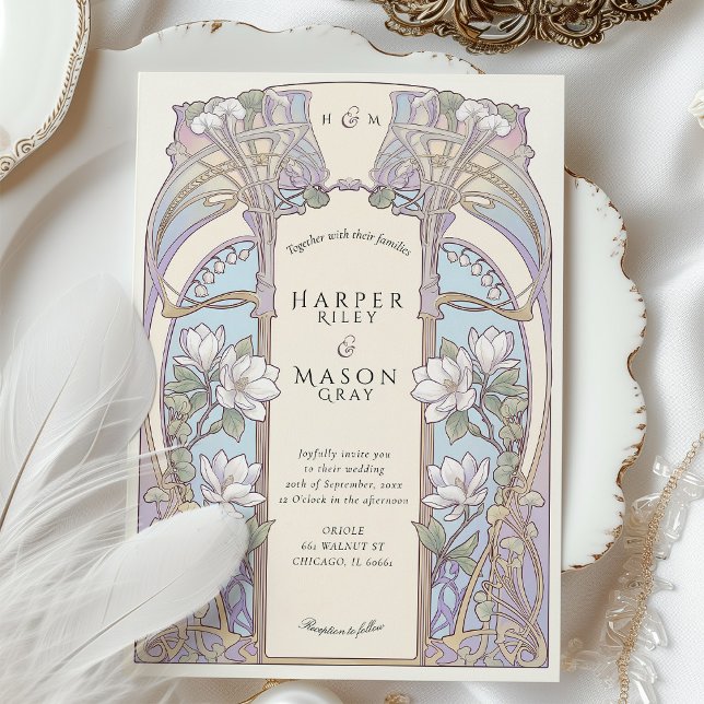 Convites Art Nouveau Magnolia Floral Wedding and Details (Criador carregado)