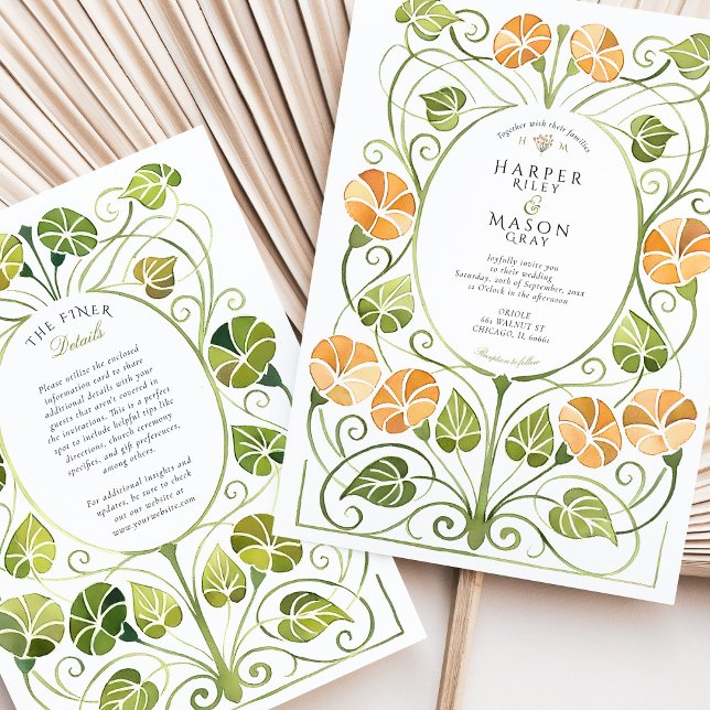 Convites Art Nouveau Orange Greenery Foliage Wedding (Criador carregado)