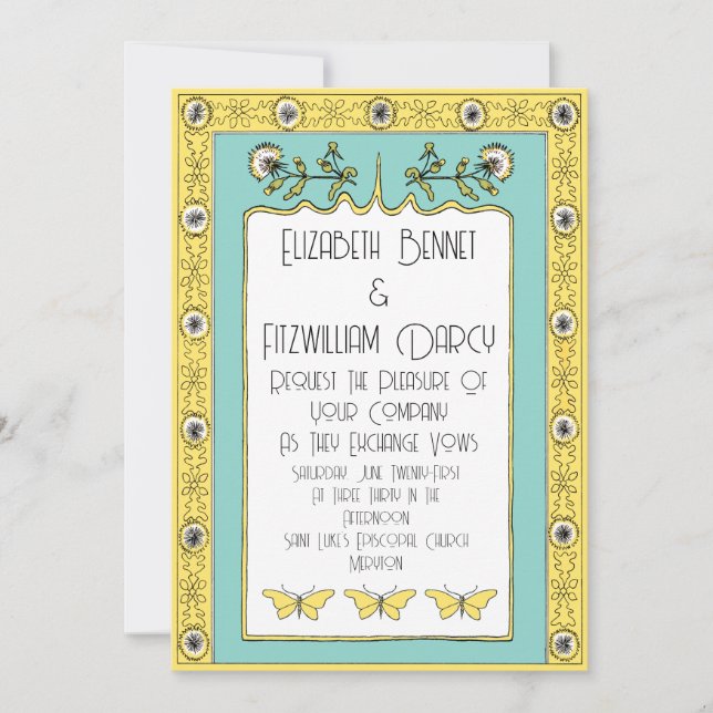 Convites Art Nouveau Primavera Dandelions e Borboletas (Frente)