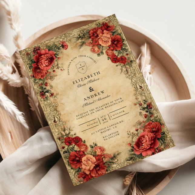 Convites Art Nouveau Rosa vermelha Wedding (Criador carregado)