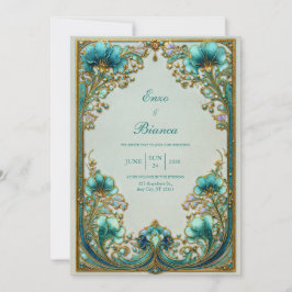 Convites Art Nouveau Turquesa Floral Dourado Casamento