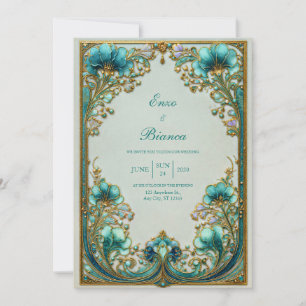 Convites Art Nouveau Turquesa Floral Dourado Casamento