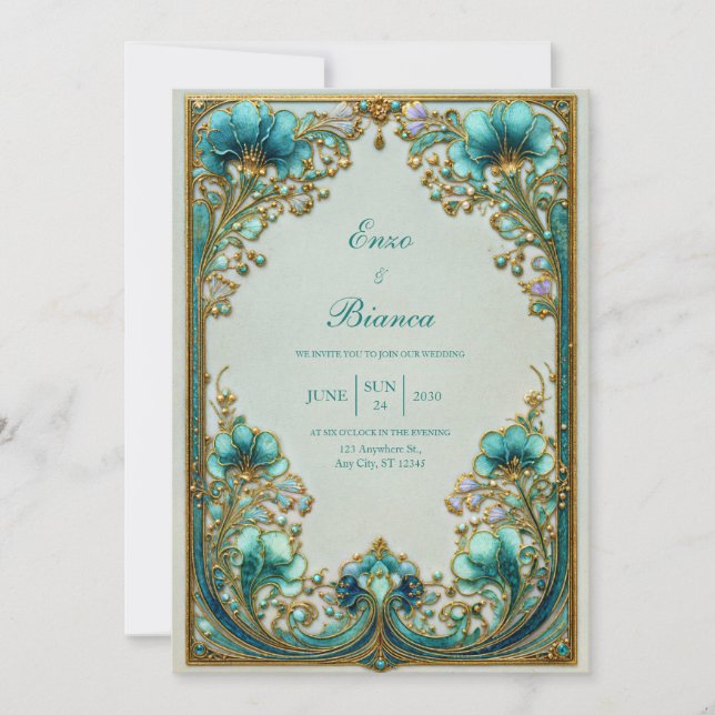 Convites Art Nouveau Turquoise Floral Gilded Wedding (Frente)