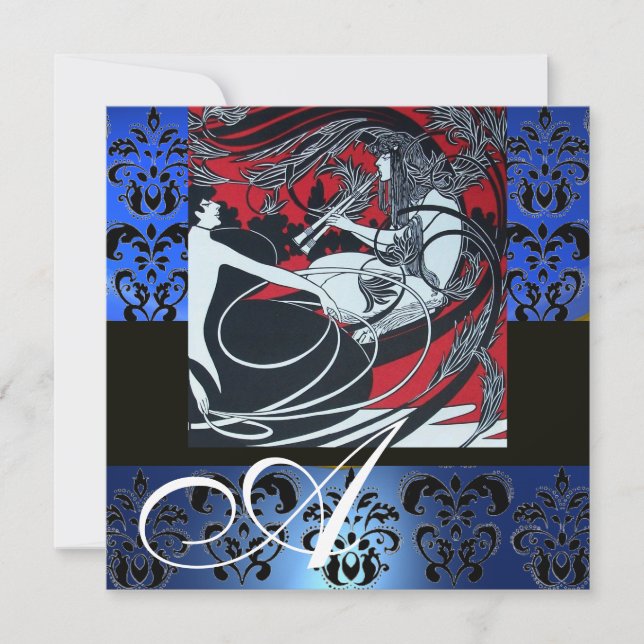 CONVITES ART NOUVEAU VERMELHO PRETO AZUL BRANCO DAMASCO MON (Frente)