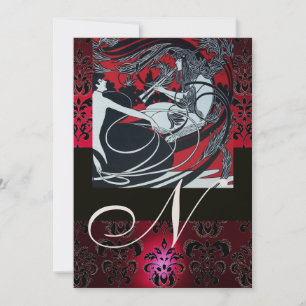 CONVITES ART NOUVEAU VERMELHO PRETO OURO DAMASCO MONOGRAMA,
