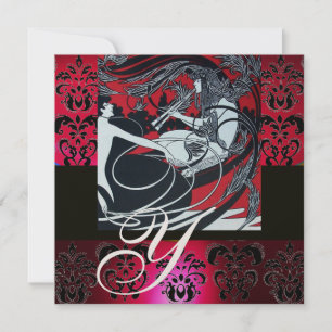 CONVITES ART NOUVEAU VERMELHO PRETO OURO DAMASCO MONOGRAMA,