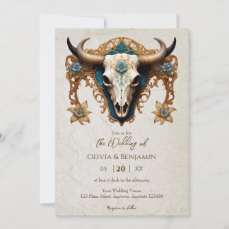 Convites Art Nouveau Watercolor Vaca Floral Casamento Crâni