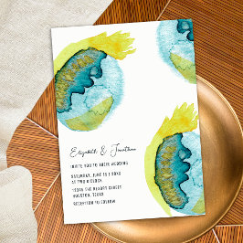 Convites Arte abstrata aquarela azul amarela Casamento únic