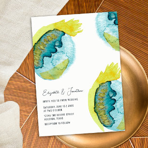 Convites Arte abstrata aquarela azul amarela Casamento únic