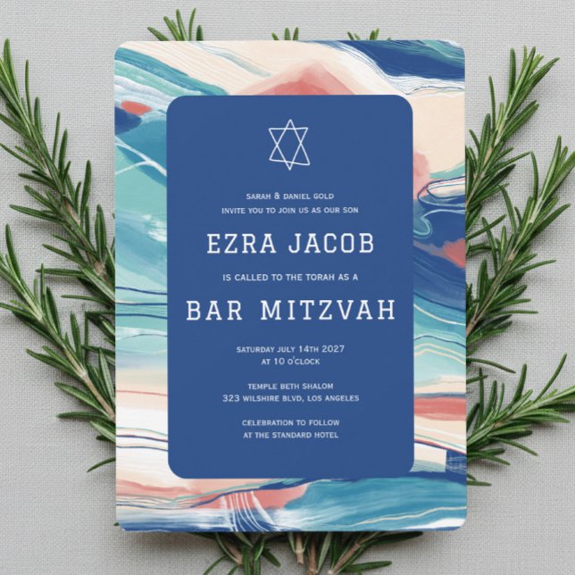Convites Arte abstrata Estrela de David Barra personalizada (Abstract Handmade Art Star of David Custom Bar Bat Mitzvah Invitation
)