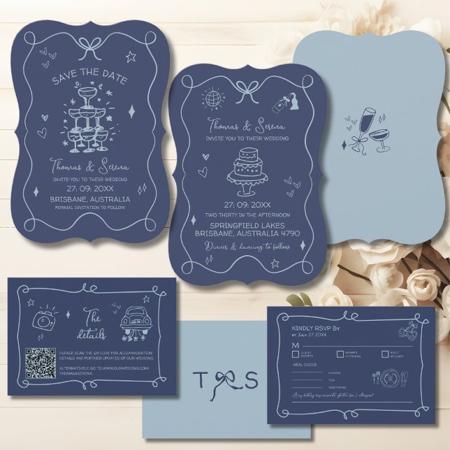 Convites Arte Arroz Desenhada à Mão Azul Moderno Escribble (Criador carregado)