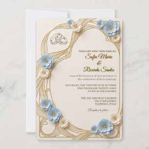 Convites Arte Caprichosa Art Nouveau Azul Pastel & Dourado 