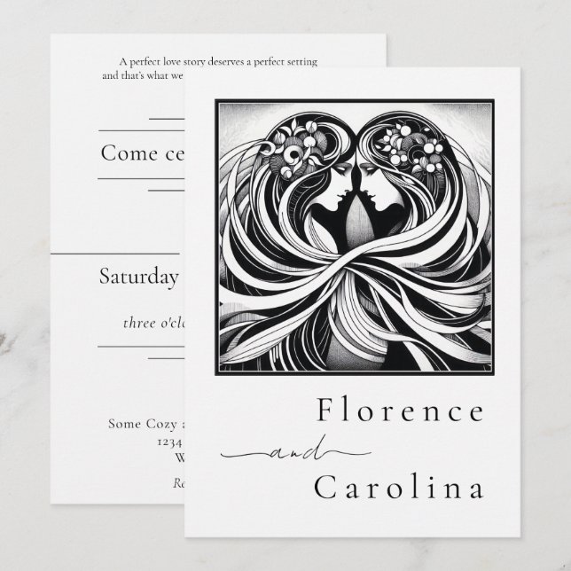 Convites Arte Clássica Moderna Deco Casamento Preto e Branc (Frente/Verso)